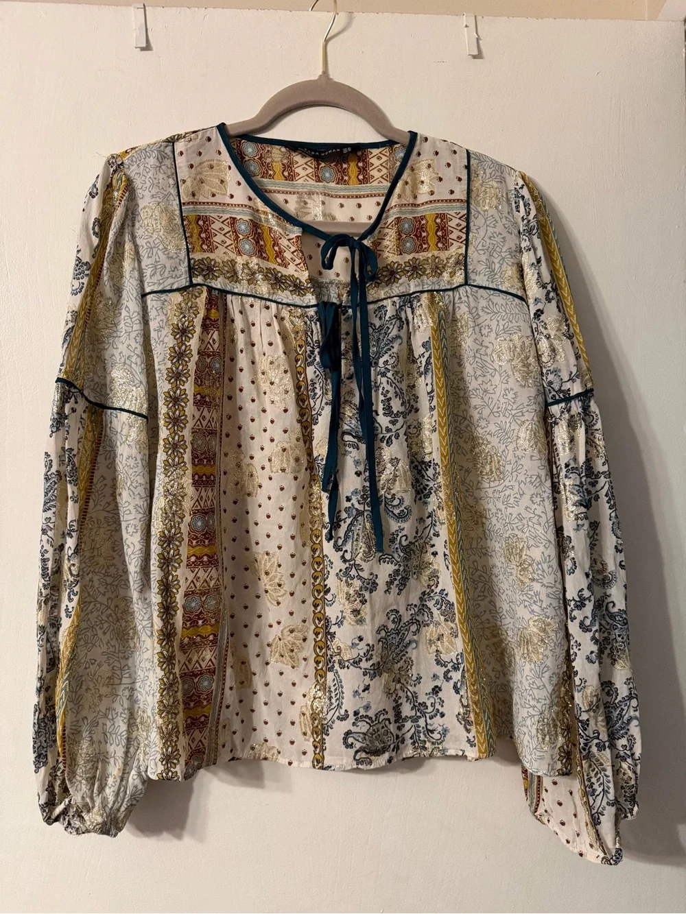 Zara Woman Patchwork Multicolor Peasant Top with Velveteen Ties & Piping Sz XL